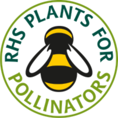 Logo with a bee and text 'RHS Plants for Pollinators' on a white background